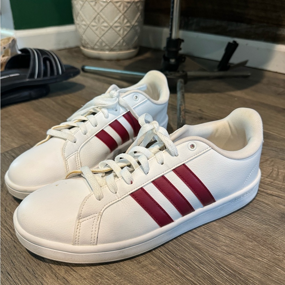 Adidas White Sneakers with Burgundy Stripes